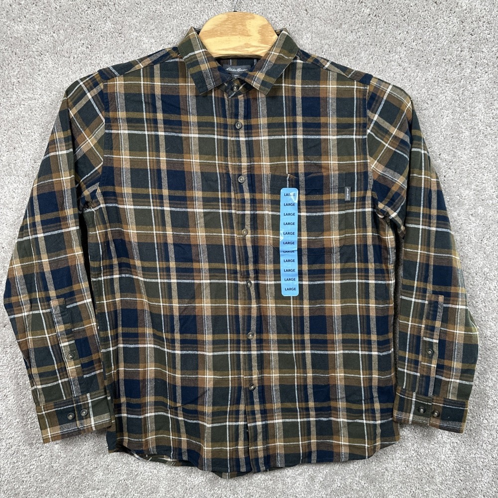 Eddie Bauer Mens Flannel Shirt Rosin Loden Plaid Size Large NWT